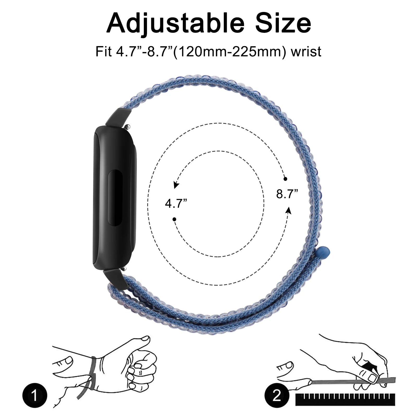 Adjustable nylon strap for Fitbit Inspire 3 fitting wrist sizes 4.7" to 8.7" for comfort and style.
