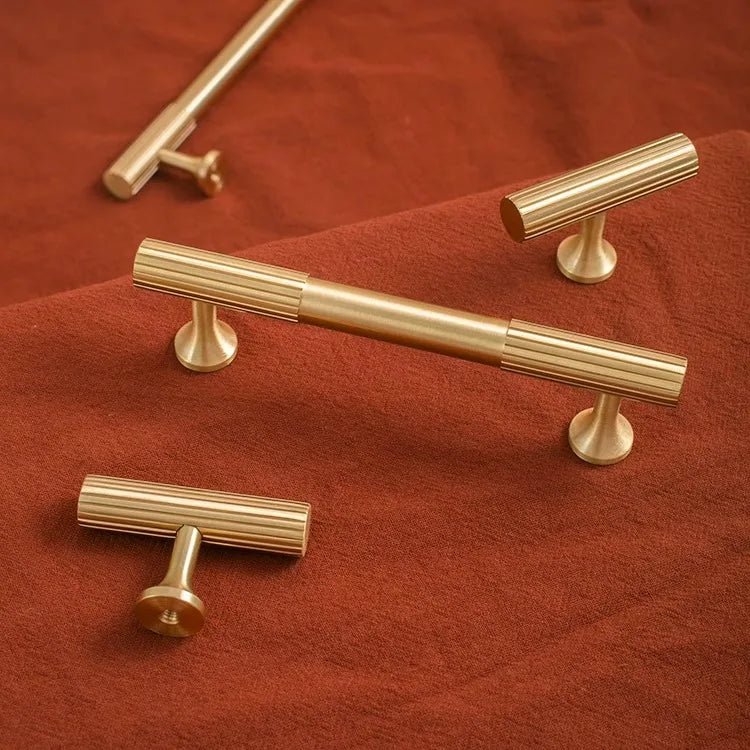 Fluted solid brass T-bar cabinet knob in brushed brass
