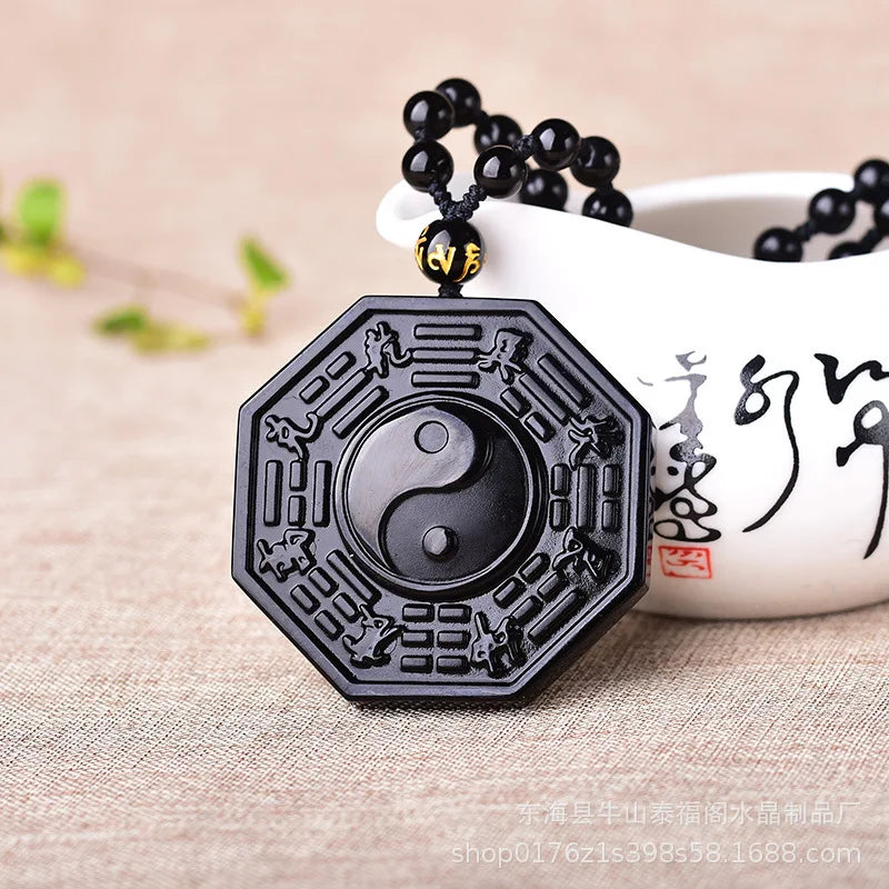 Carved Obsidian Yin Yang Bagua Pendant Necklace on Obsidian Bead Chain