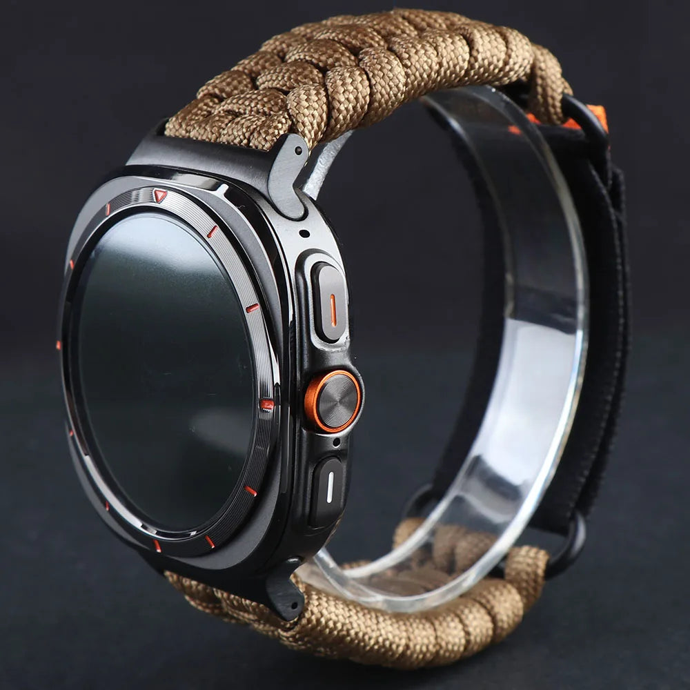 Samsung Galaxy Nylon Umbrella Rope Watch Band For Watch8/Watch8 Classic/Watch9/Ultra/Ultra2 in rugged brown color