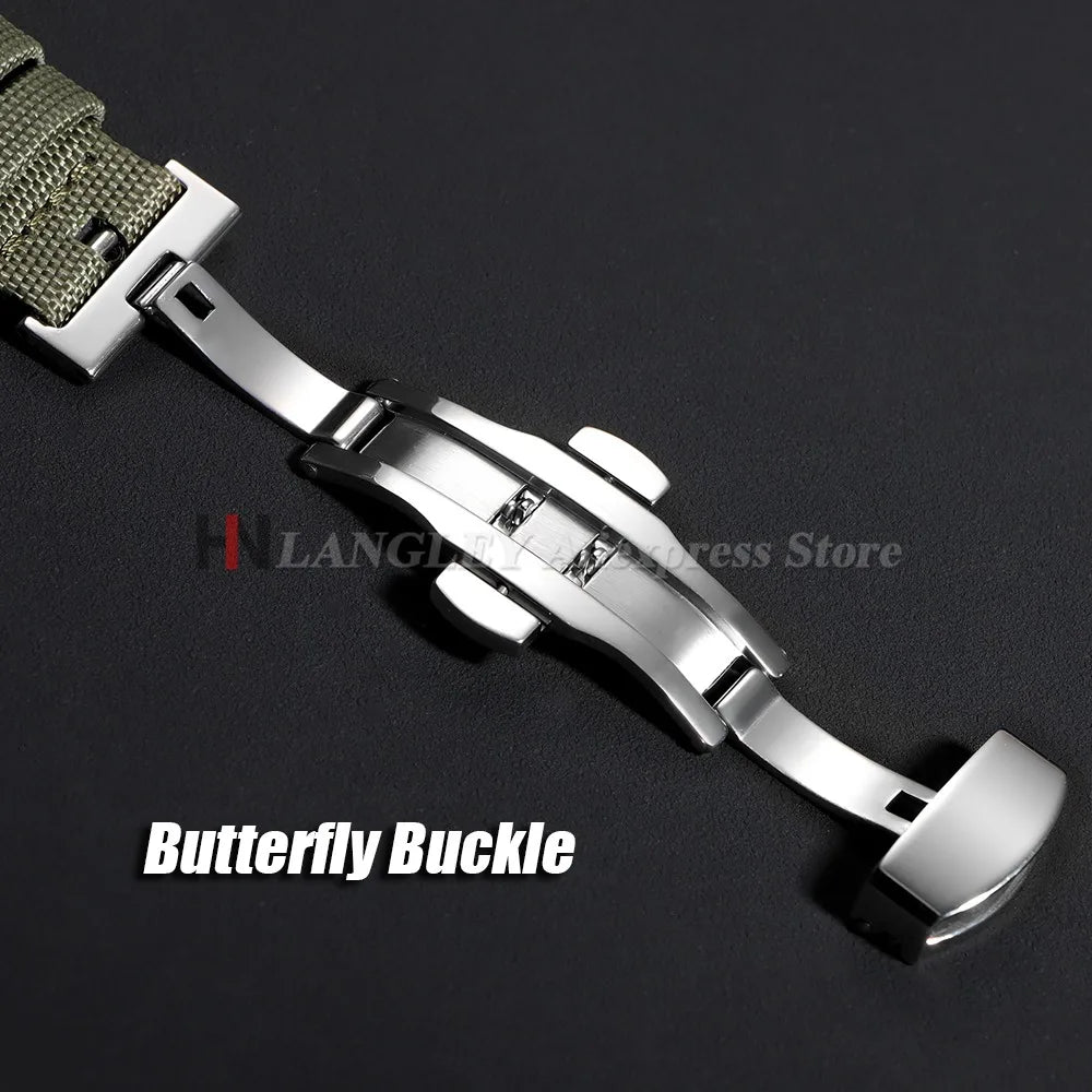 Polar Sailcloth Nylon Watch Band with Butterfly Clasp — Open butterfly clasp detail