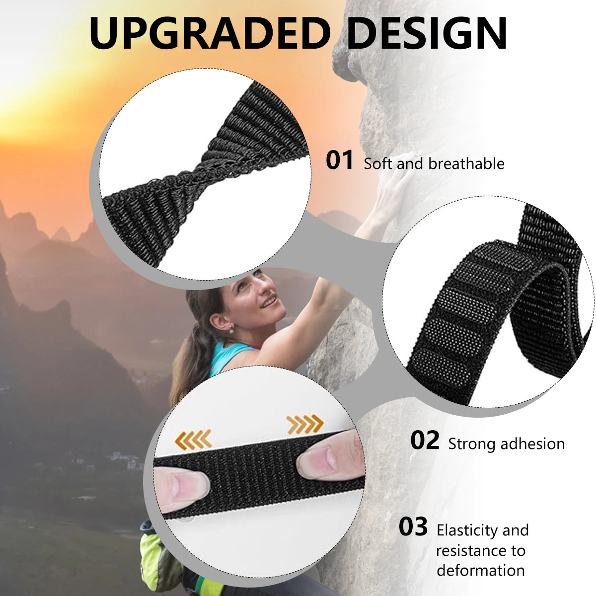 Garmin Nylon Loop Strap showcasing upgraded design features like breathability, strong adhesion, and elasticity for active lifestyles.