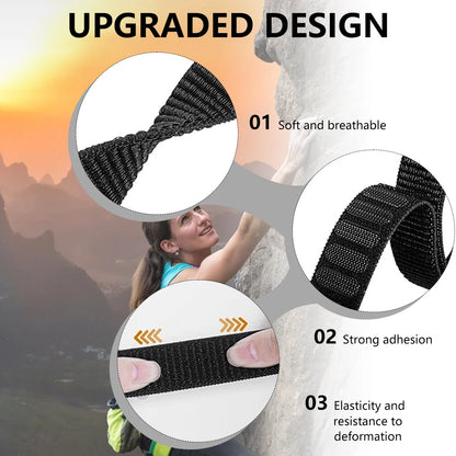 Garmin Nylon Loop Strap showcasing upgraded design features like breathability, strong adhesion, and elasticity for active lifestyles.