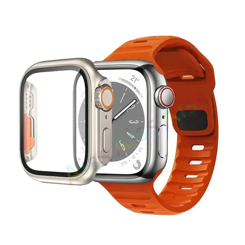 Orange silicone Apple Watch band showing the separate case surround