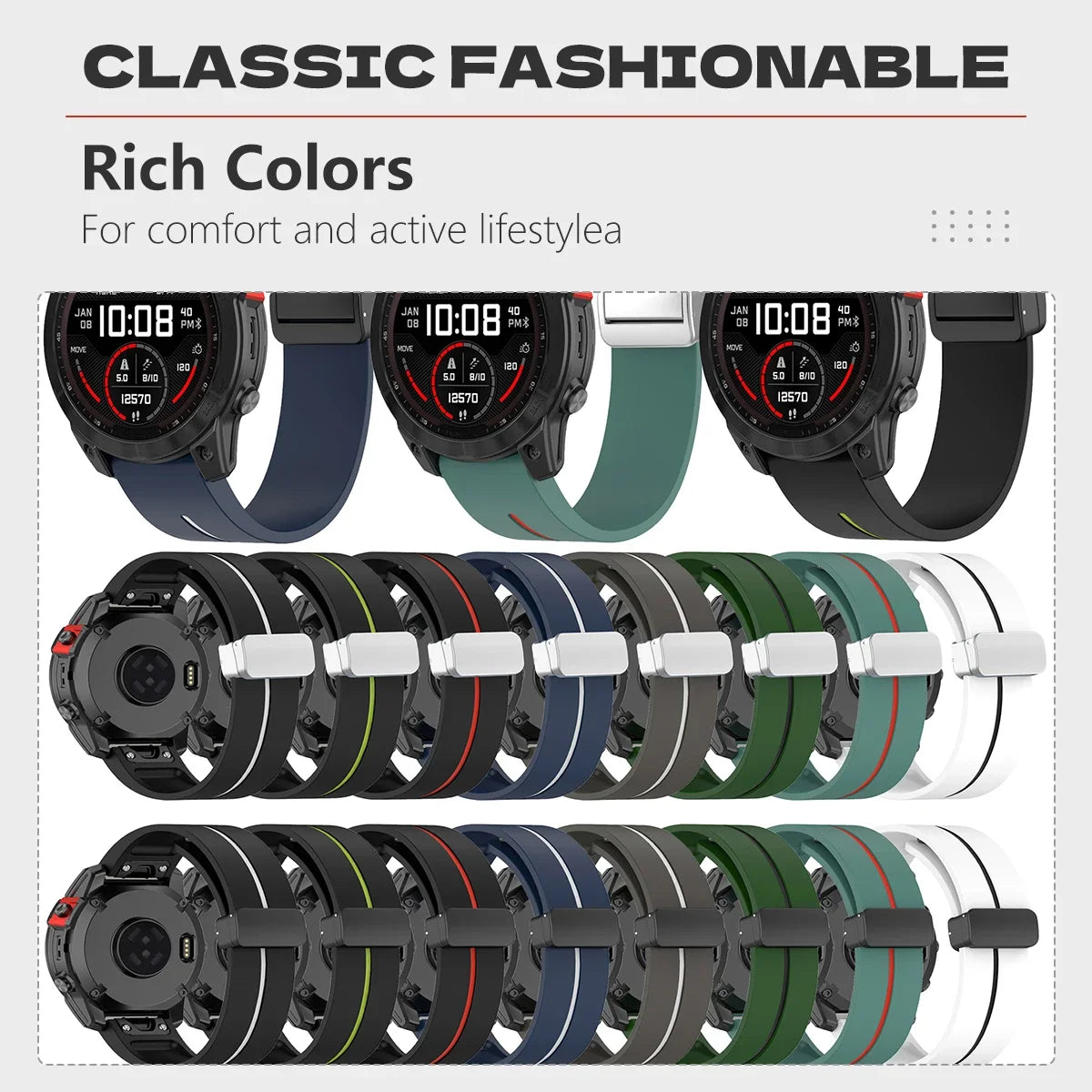 Garmin smartwatch bands in various colors showcasing durability and comfort for an active lifestyle.