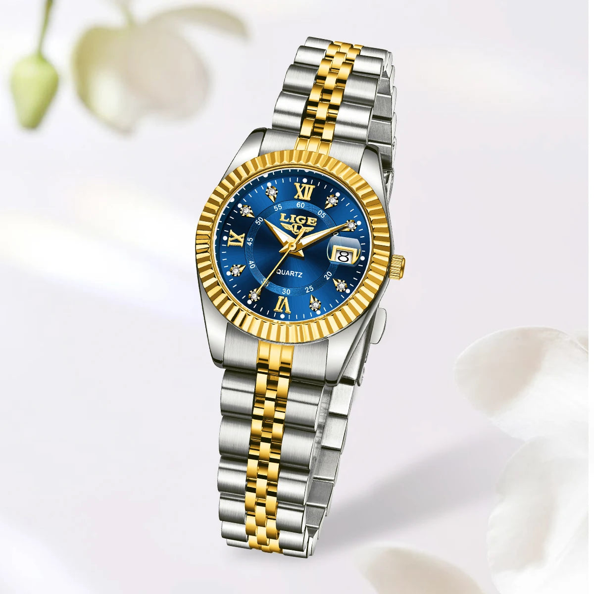 Women's 27mm Fluted Bezel Quartz Date Watch — Blue dial and fluted bezel