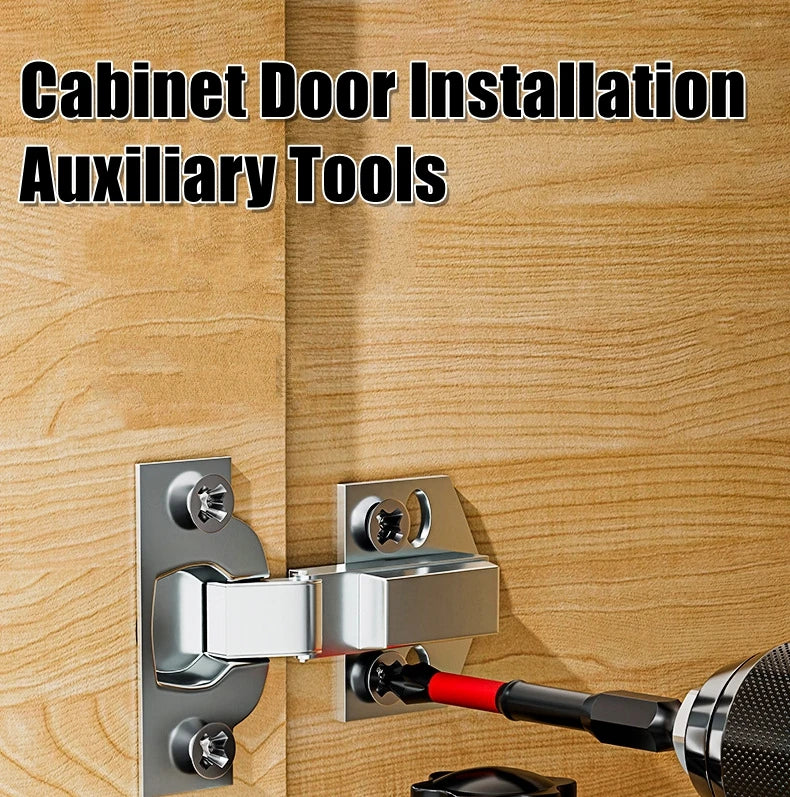 Cabinet door mounting jig holding a door while the hinge is screwed on