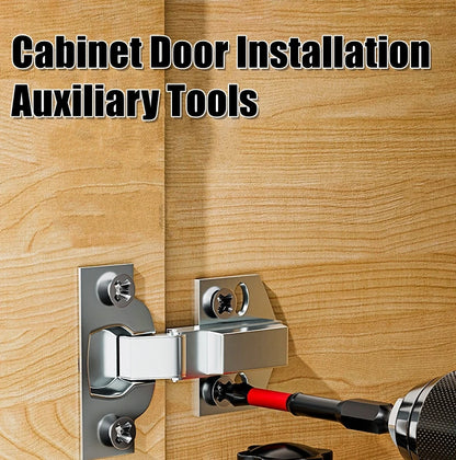 Cabinet door mounting jig holding a door while the hinge is screwed on