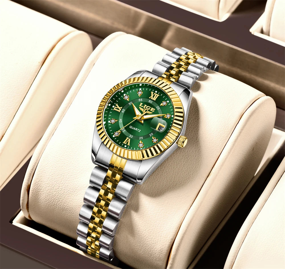 Women's 27mm Fluted Bezel Quartz Date Watch — Two Tone / Green Dial