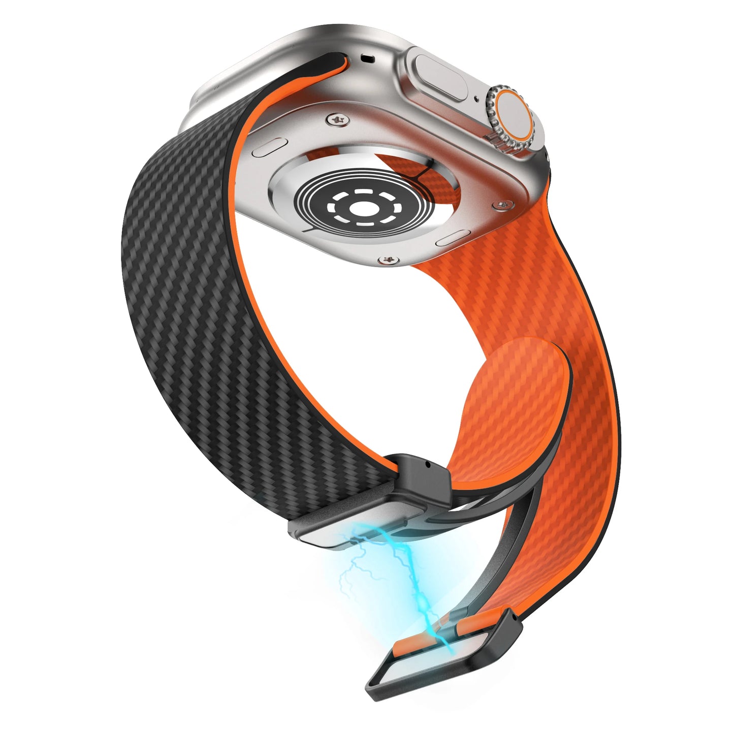 Apple Watch silicone strap in black and orange with magnetic buckle, highlighting durability and comfort for daily wear.