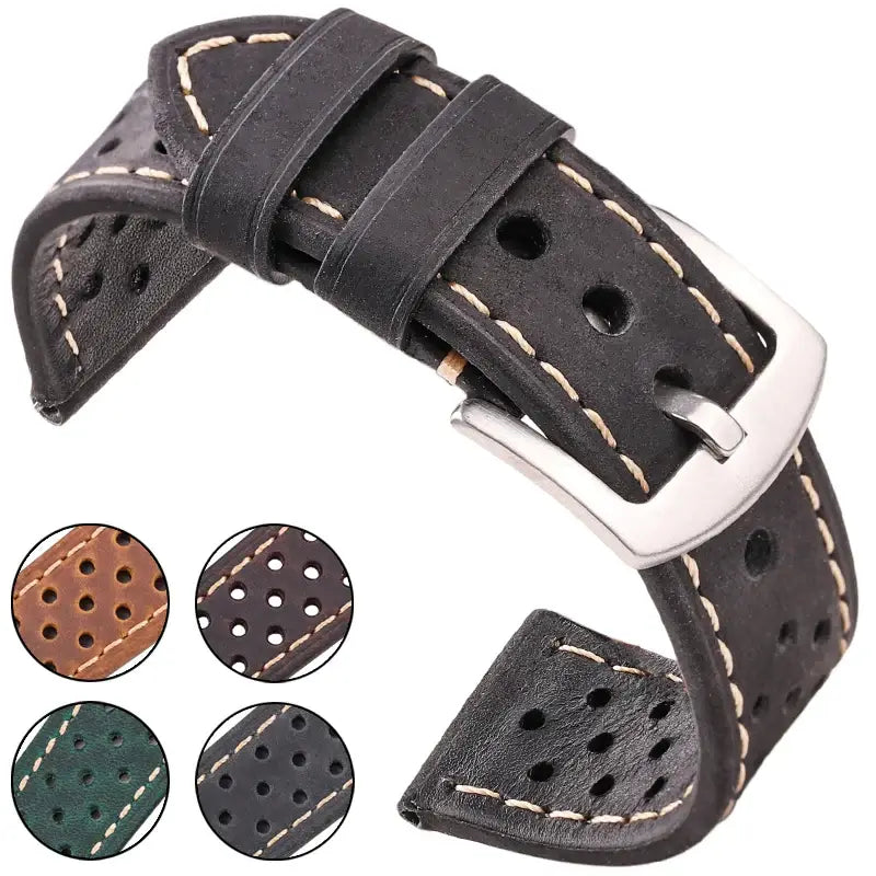 Black perforated leather band with four color previews