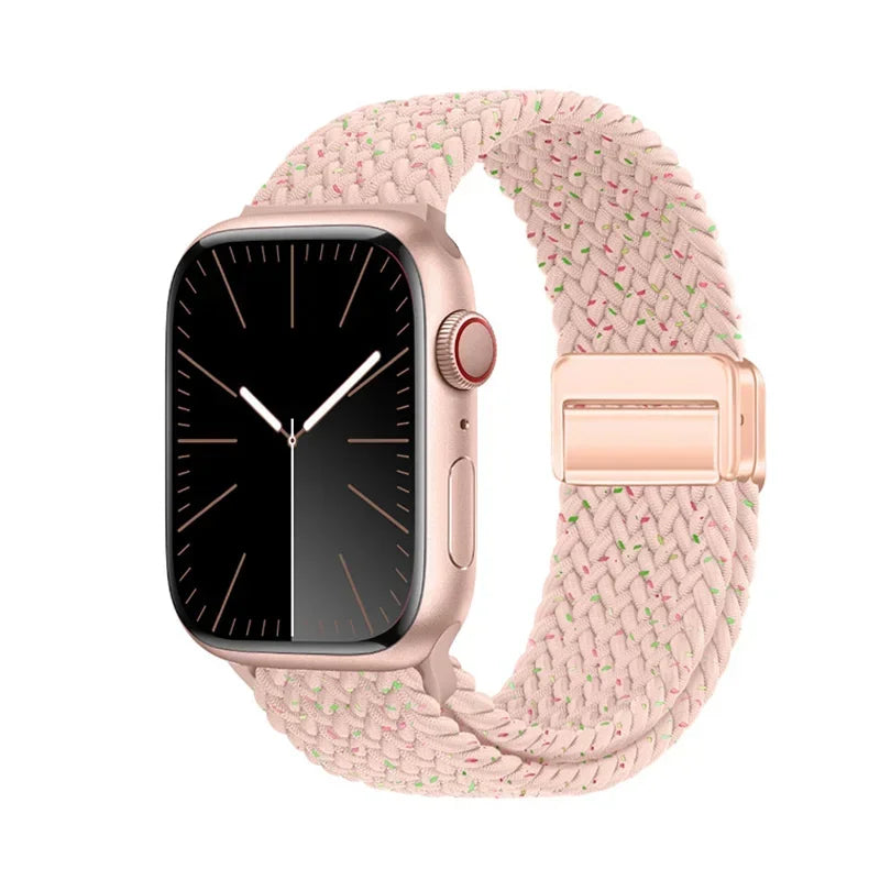 Apple Watch with braided nylon band in pink, featuring a comfortable and stylish design for everyday wear.