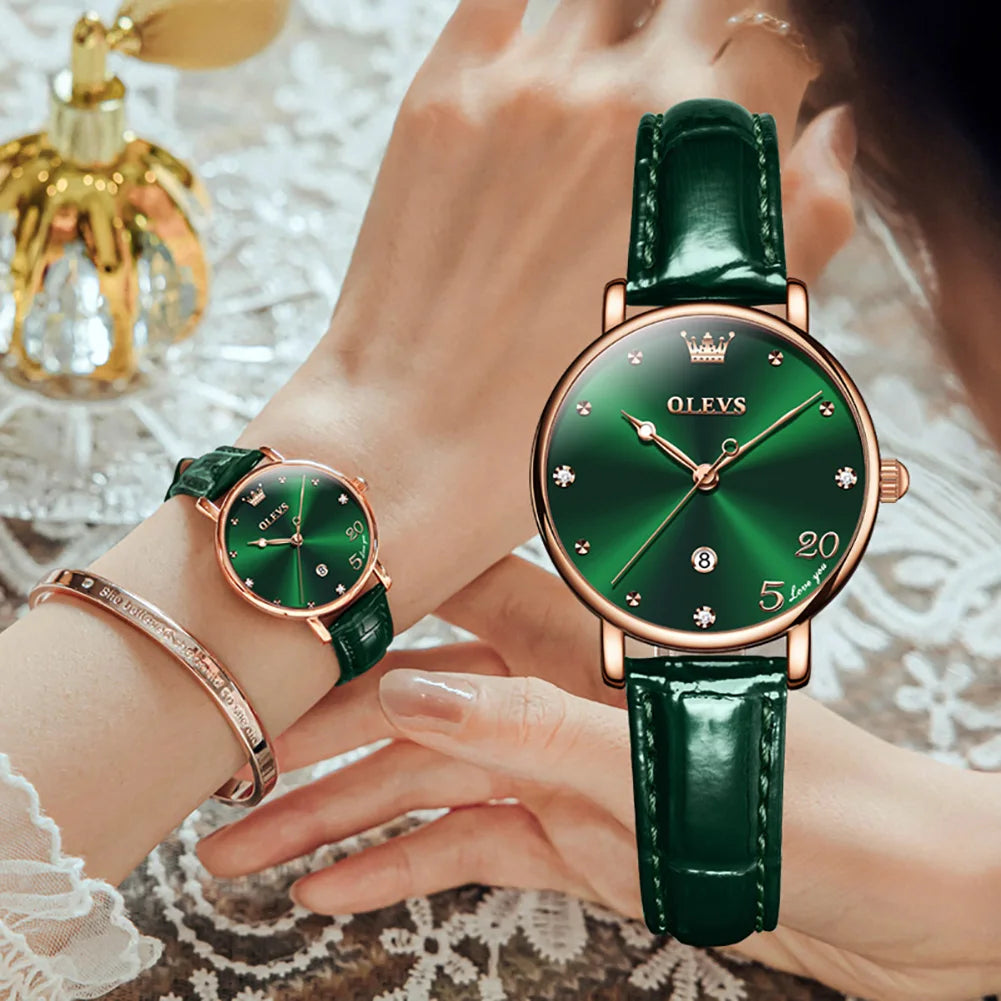 Women's Glossy Leather Date Watch — Green watch on wrist and front view — BandsCo Straps