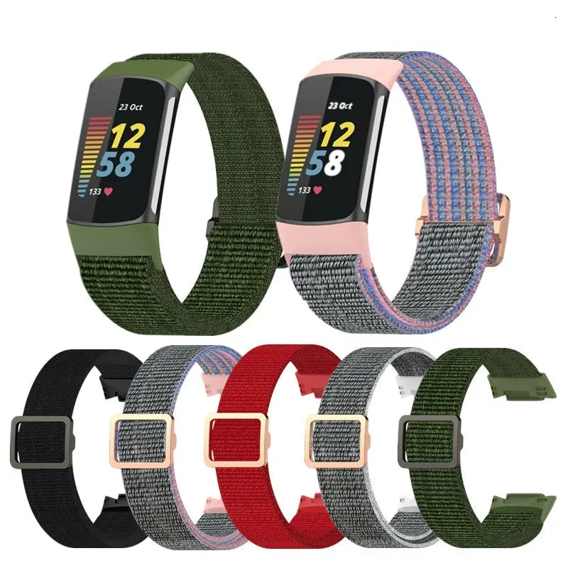 Fitbit Charge 5 Elastic Nylon Loop Bands in various colors for comfortable smartwatch wear and adjustable fit.