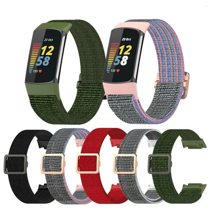 Fitbit Charge 5 Elastic Nylon Loop Bands in various colors for comfortable smartwatch wear and adjustable fit.