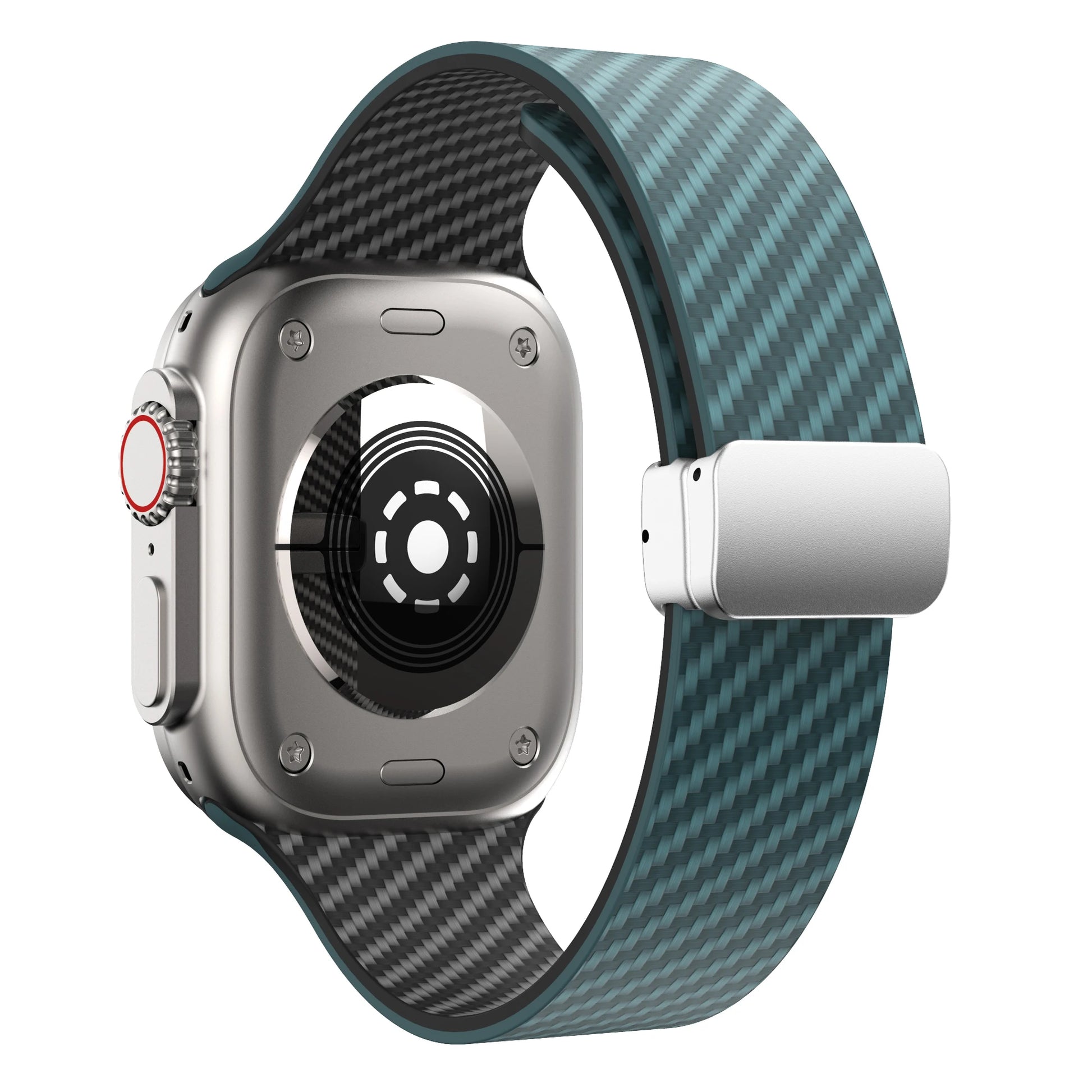 Apple Watch Silicone Strap with magnetic buckle, showcasing a stylish design and durable carbon fiber style.