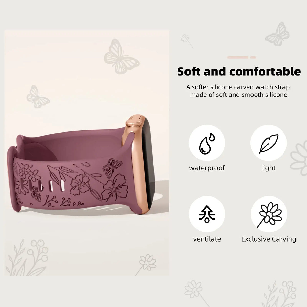 Engraved floral strap in supplier feature illustration for Apple Watch