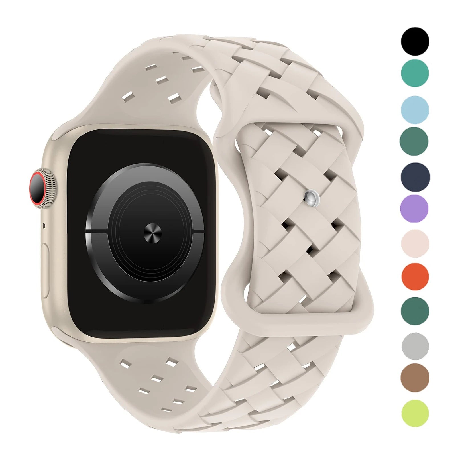 Apple Watch with braided silicone strap in light beige, showcasing its sporty and breathable design with multiple color options.