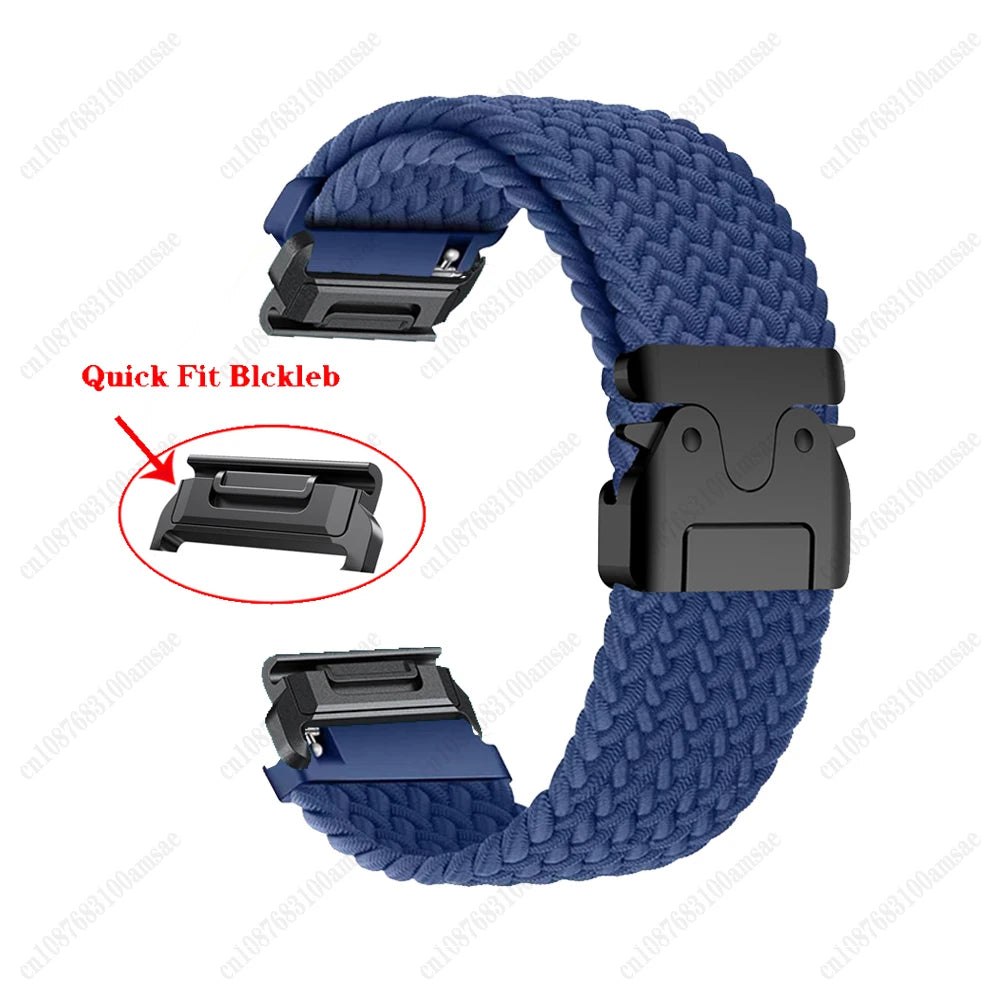 Garmin braided nylon smartwatch strap in blue, featuring a quick fit buckle for easy replacement and a lightweight design.