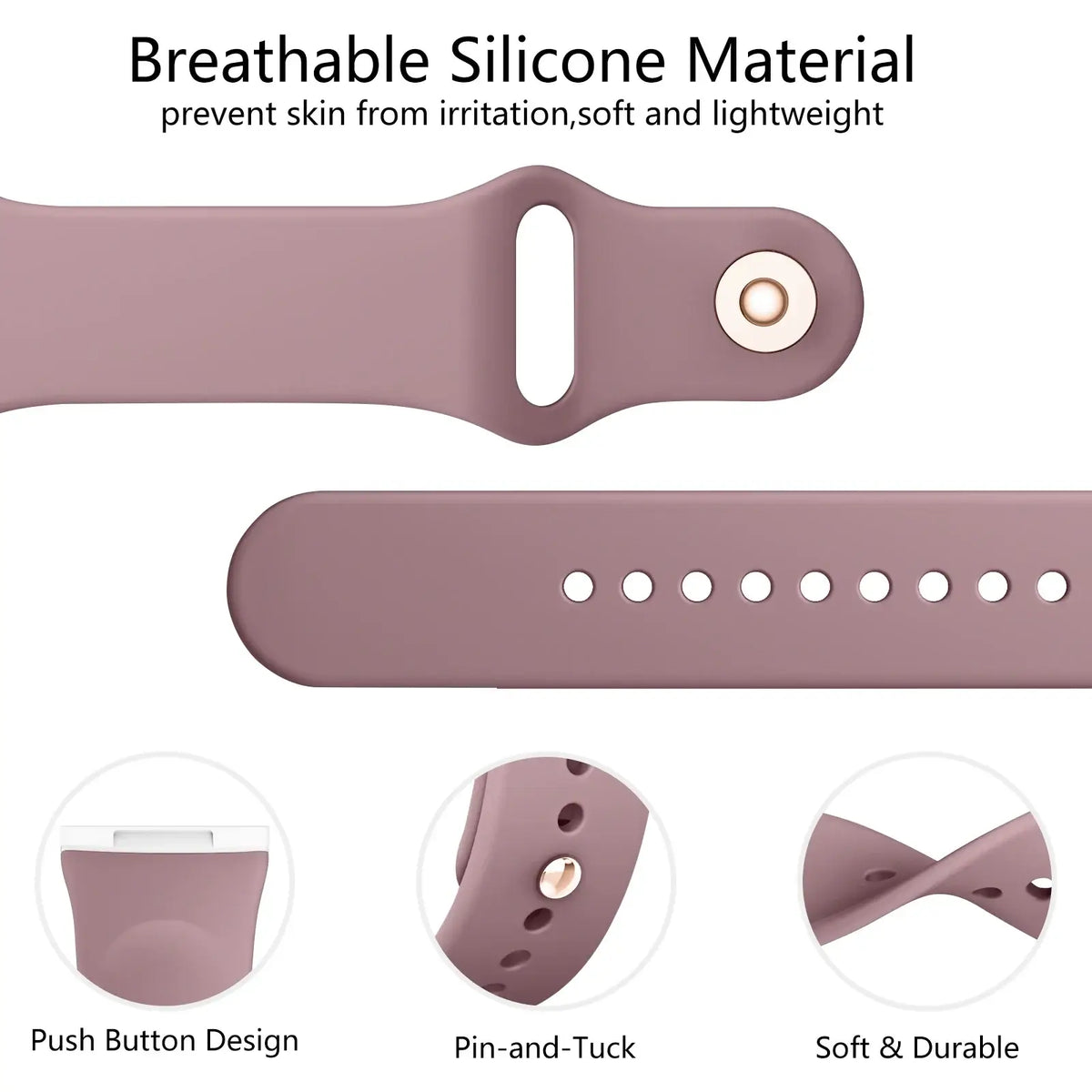 Fitbit Versa & Sense Classic Silicone Pin Band - Mauve pin-and-tuck closure details