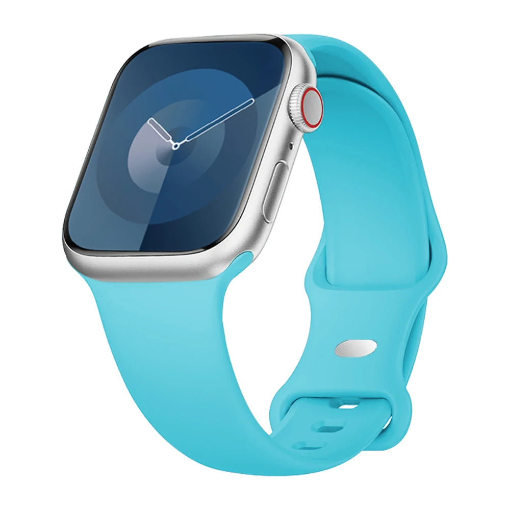 Apple Watch with soft blue silicone strap, featuring a digital clock display, perfect for comfort and waterproof lifestyle.