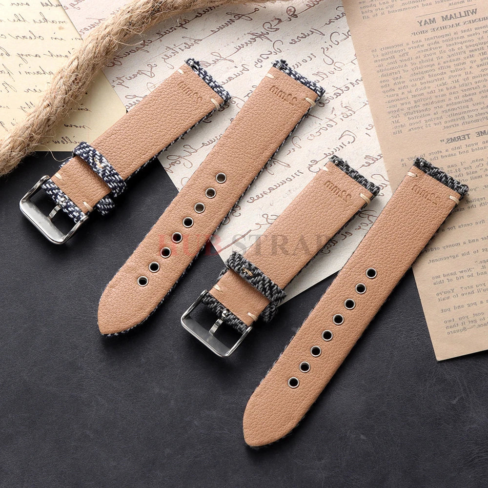 18/20/22mm Quick Release Herringbone Woven Band — leather lining