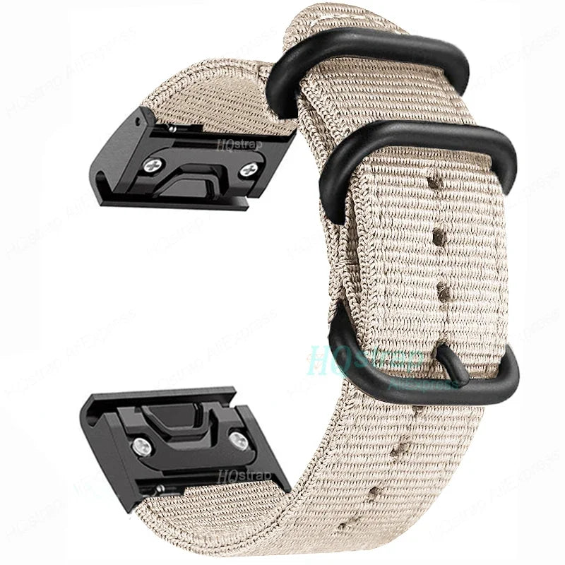 Garmin canvas nylon strap in beige, lightweight and durable replacement band for smartwatches with quickfit attachment.