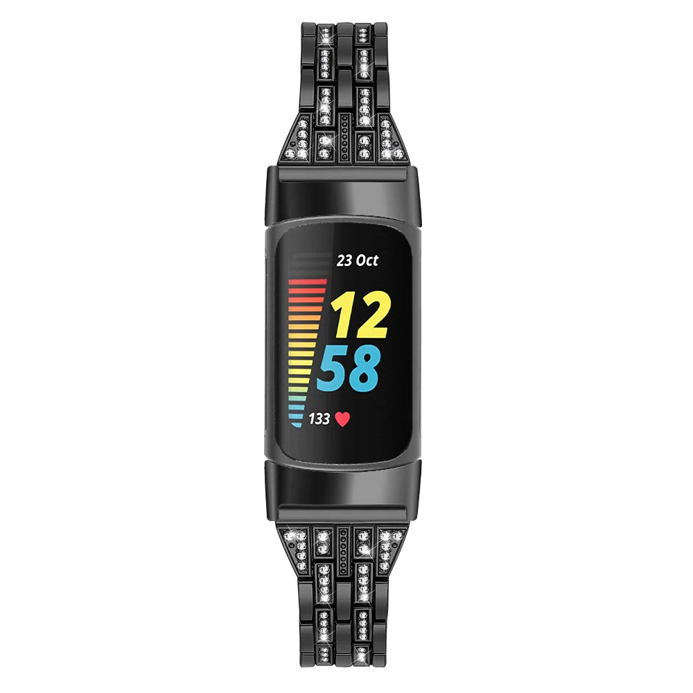 Fitbit Charge 5 with stylish diamond band from Bandsco, perfect smartwatch accessory for glam and durability.