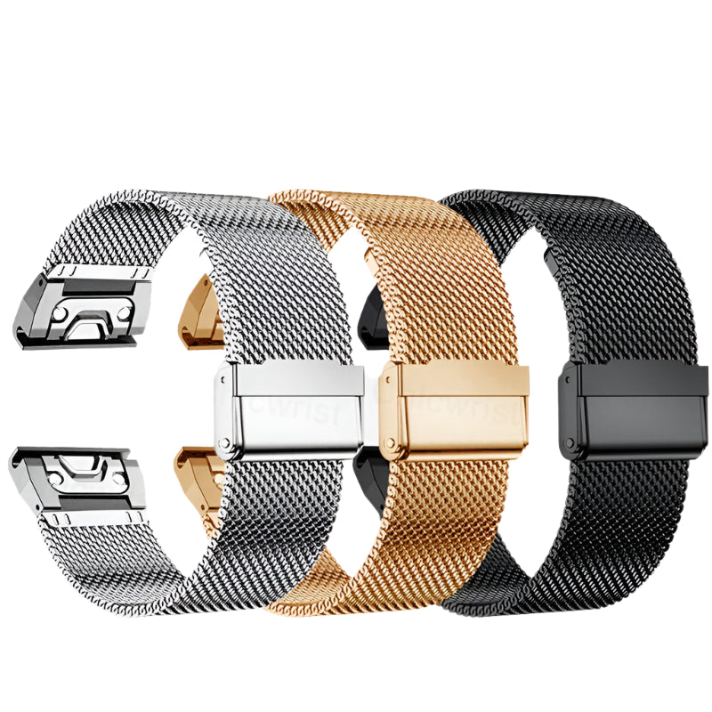 Garmin replacement smartwatch bands in silver, gold, and black stainless steel mesh design for style and durability.