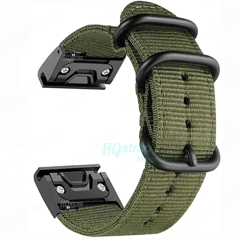 Garmin canvas nylon strap in olive green, lightweight replacement band for Garmin smartwatches with quickfit feature.