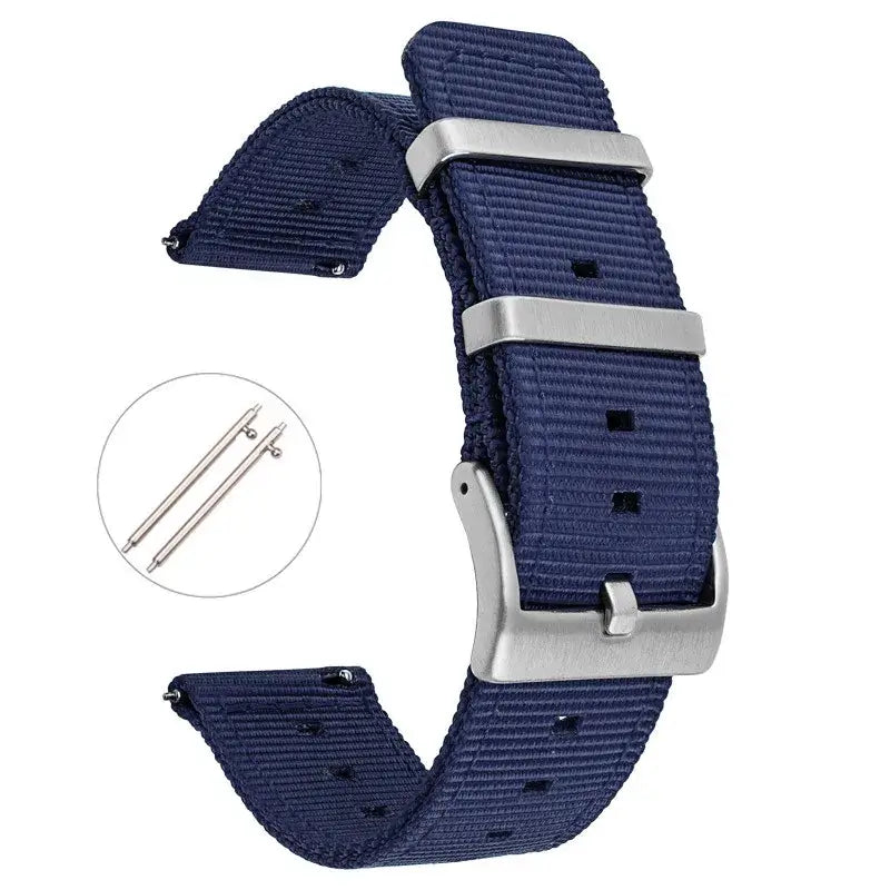Tough nylon navy blue watch band for Samsung Galaxy watches with silver buckle and interchangeable pins.