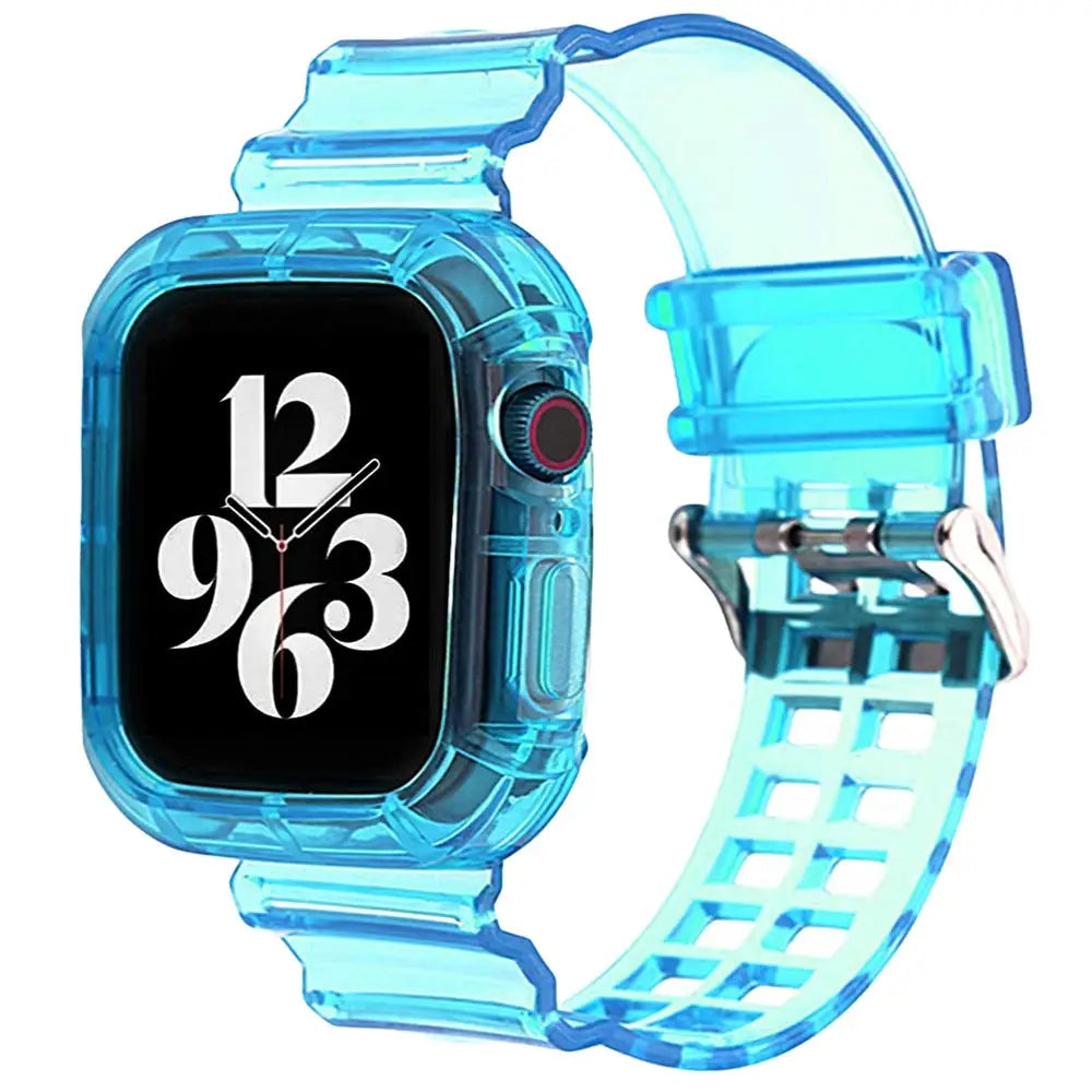 Transparent blue silicone strap for Apple Watch, offering comfort and style for any occasion.