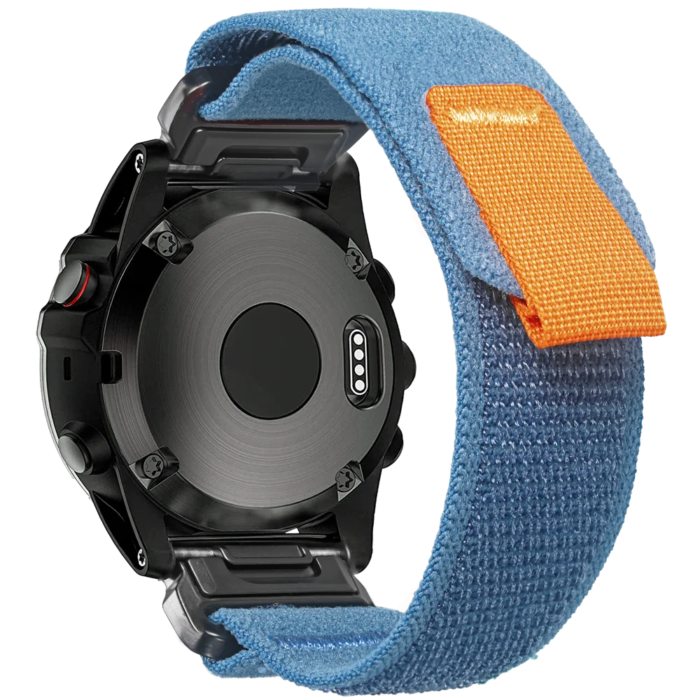 Garmin rugged woven nylon sport band in blue with orange loop, designed for comfort and durability for smartwatches.