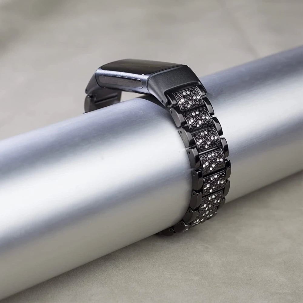 Fitbit Charge luxury rhinestone metal band strap, stylish smartwatch accessory, blending elegance with functionality.