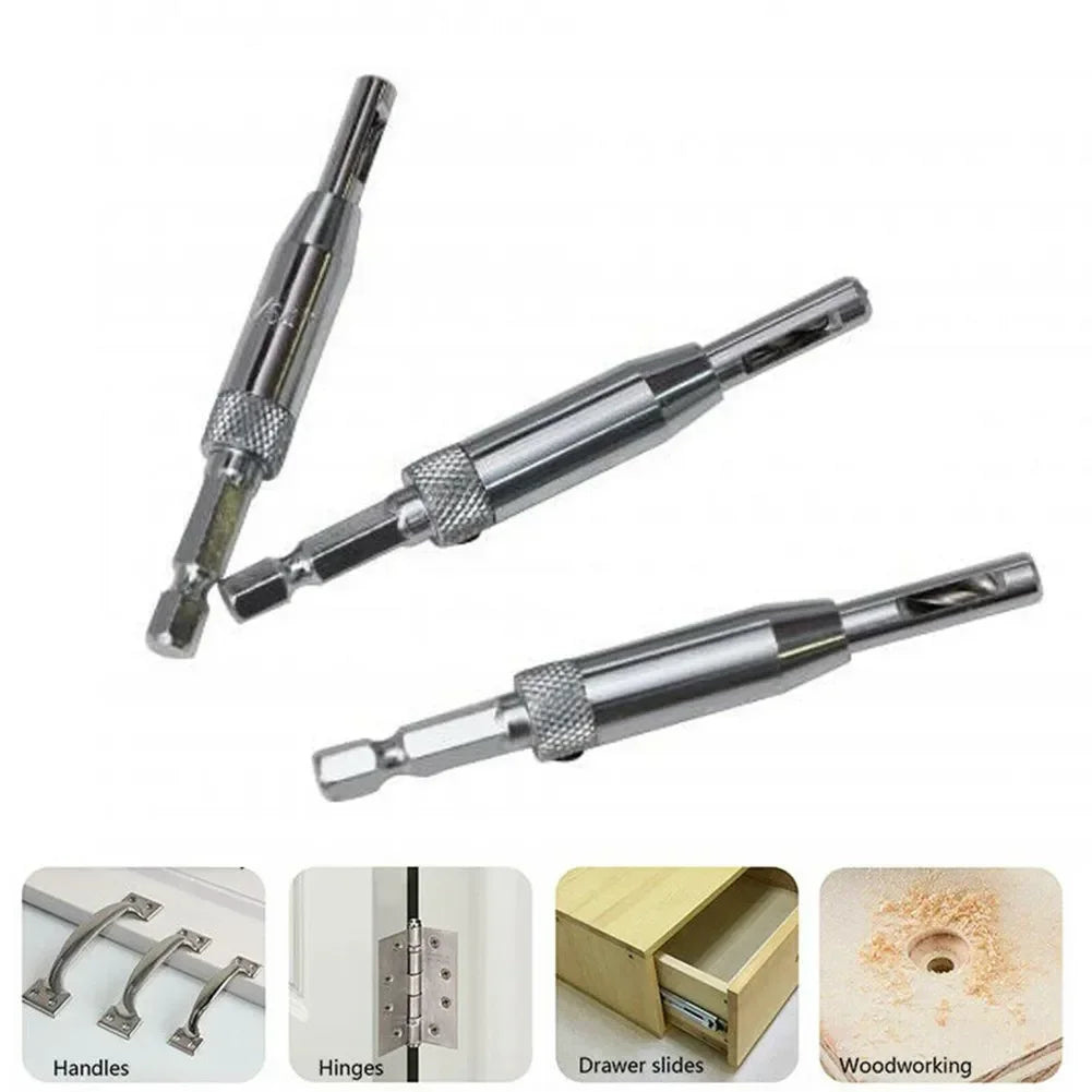 Self-centering hinge drill bits with 1/4 in. hex shanks