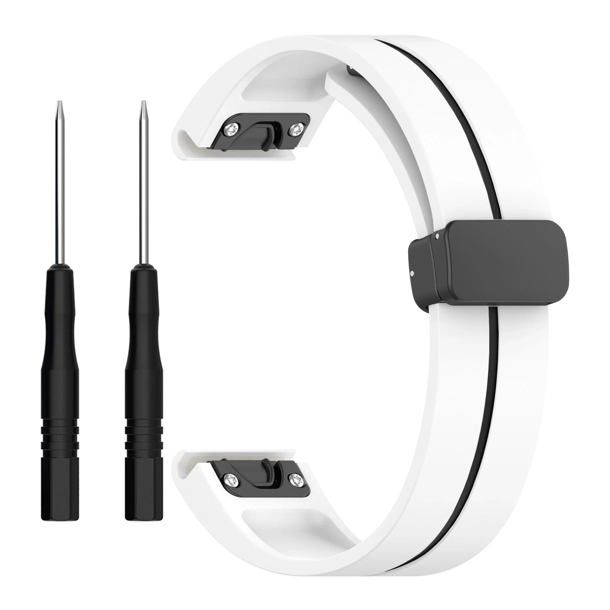 Garmin silicone smartwatch strap in white with quickfit pins for easy replacement and secure fit.