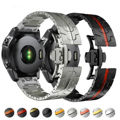 Stainless steel Garmin QuickFit bands in silver and black with color options, perfect for style and practicality.