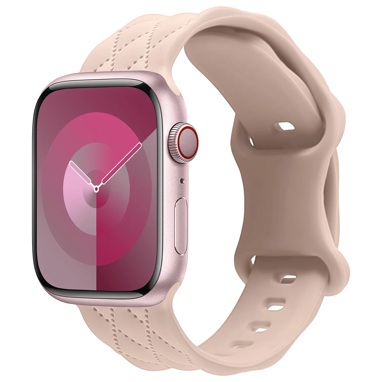 Apple Watch with soft flexible waterproof silicone strap in pink, showcasing stylish design and vibrant display.