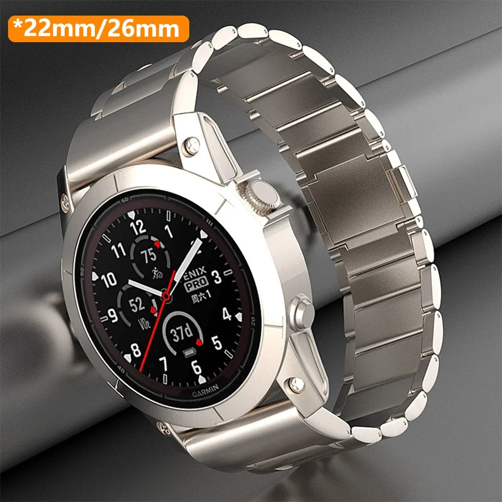 Garmin titanium replacement strap for smartwatches, stylish and durable with magnetic closure for secure fit.