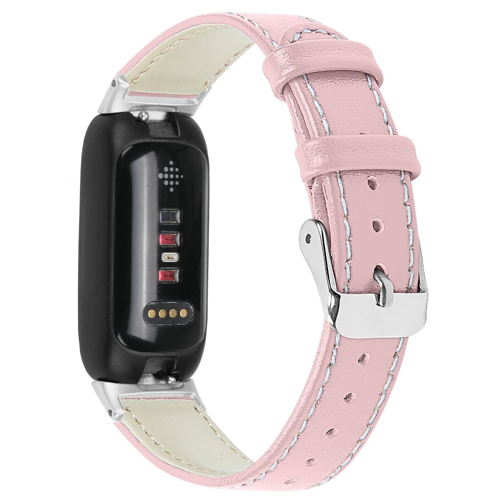 Fitbit Inspire 3 smartwatch with a stylish pink leather band, combining comfort and elegance for all-day wear.
