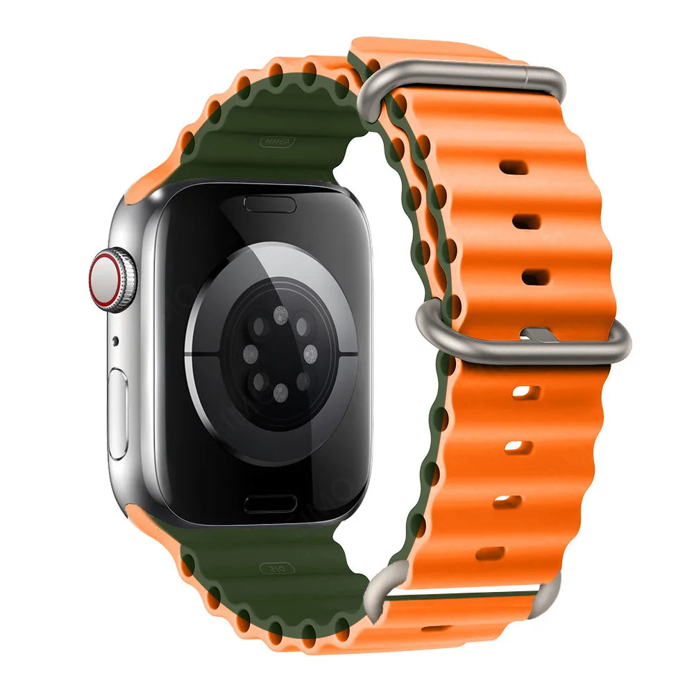 Apple Watch with an orange and green silicone strap, waterproof and breathable for active lifestyles.