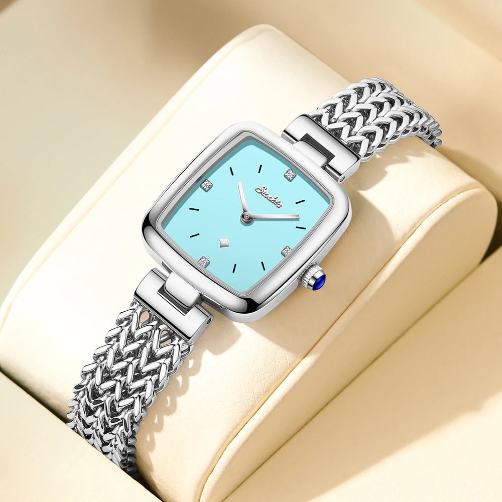Women's Square Quartz Watch with Braided-Link Bracelet — Aqua square dial and braided-link bracelet