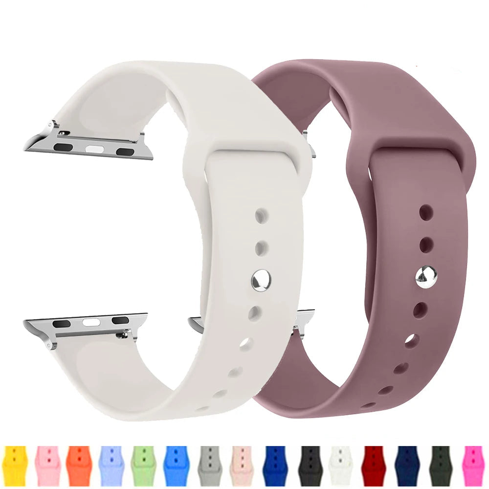 Apple Watch silicone straps in white and mauve, showcasing comfort and style with a variety of color options below.