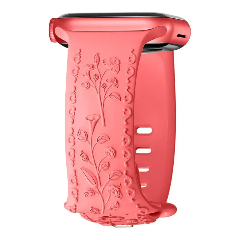 Coral Pink botanical engraved silicone Apple Watch band