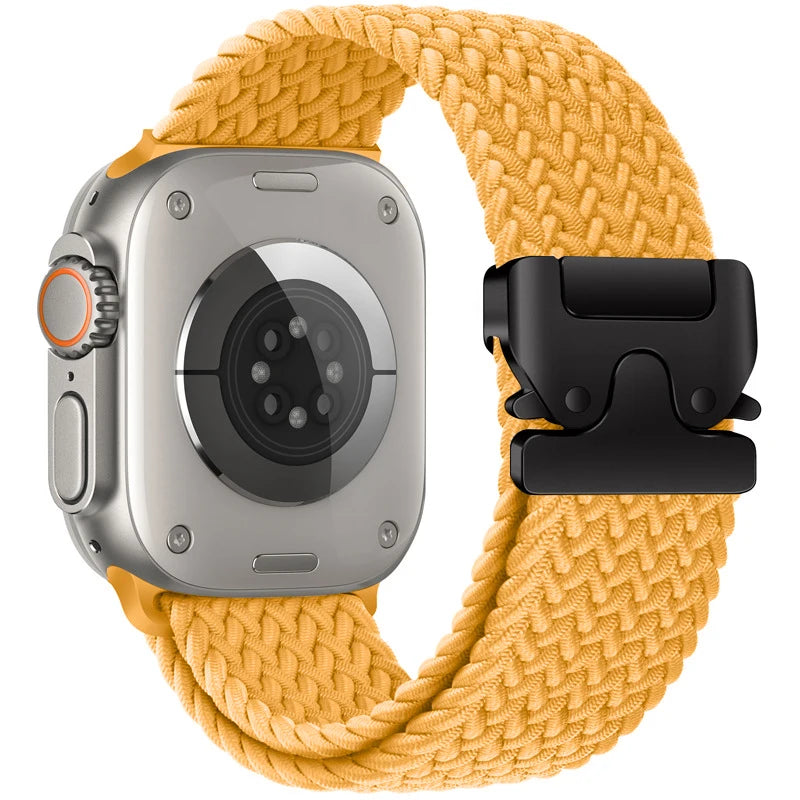 Apple Watch with braided nylon parachute strap in vibrant orange for a breathable and stylish look.