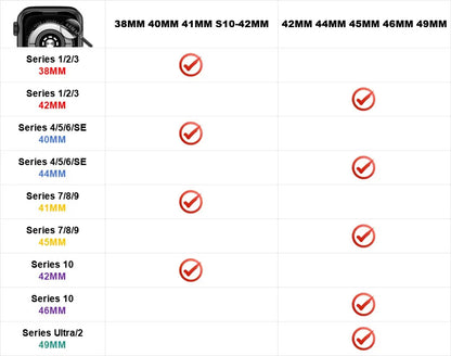 Compatibility chart for Apple Watch sizes from Series 1 to Ultra, showing various watch case dimensions.