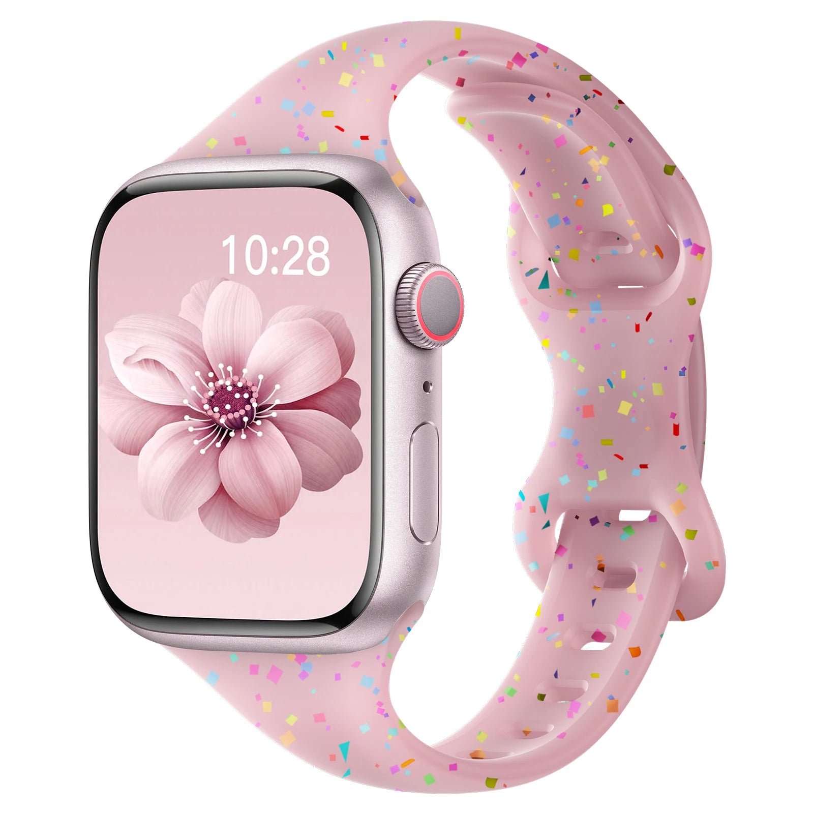 Apple Watch with pink silicone band featuring colorful confetti design and flower watch face, perfect for daily wear.