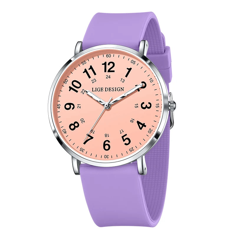 Women's Arabic Numeral Silicone Quartz Watch — Purple / Silver Tone / Pink Dial — BandsCo Straps
