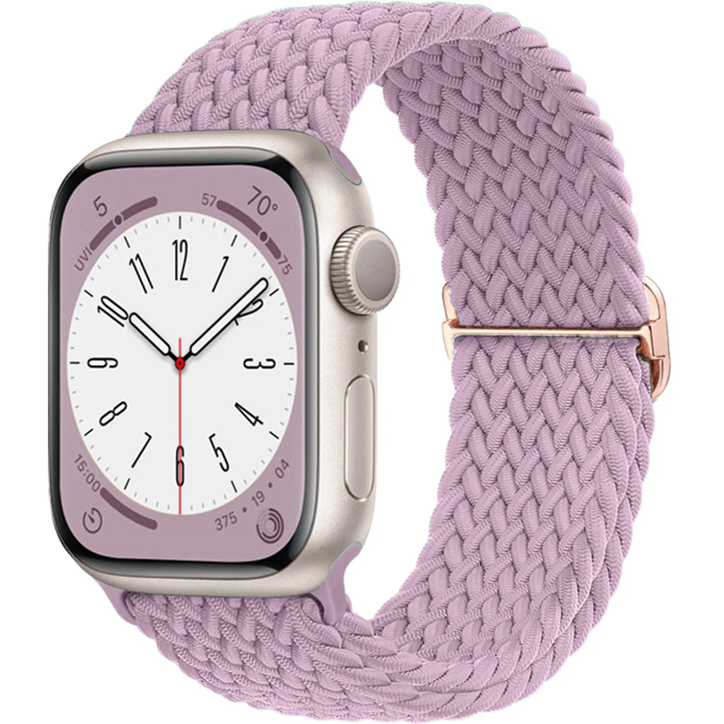 Apple Watch with a lavender braided strap made from soft elastic nylon, perfect for style and comfort.
