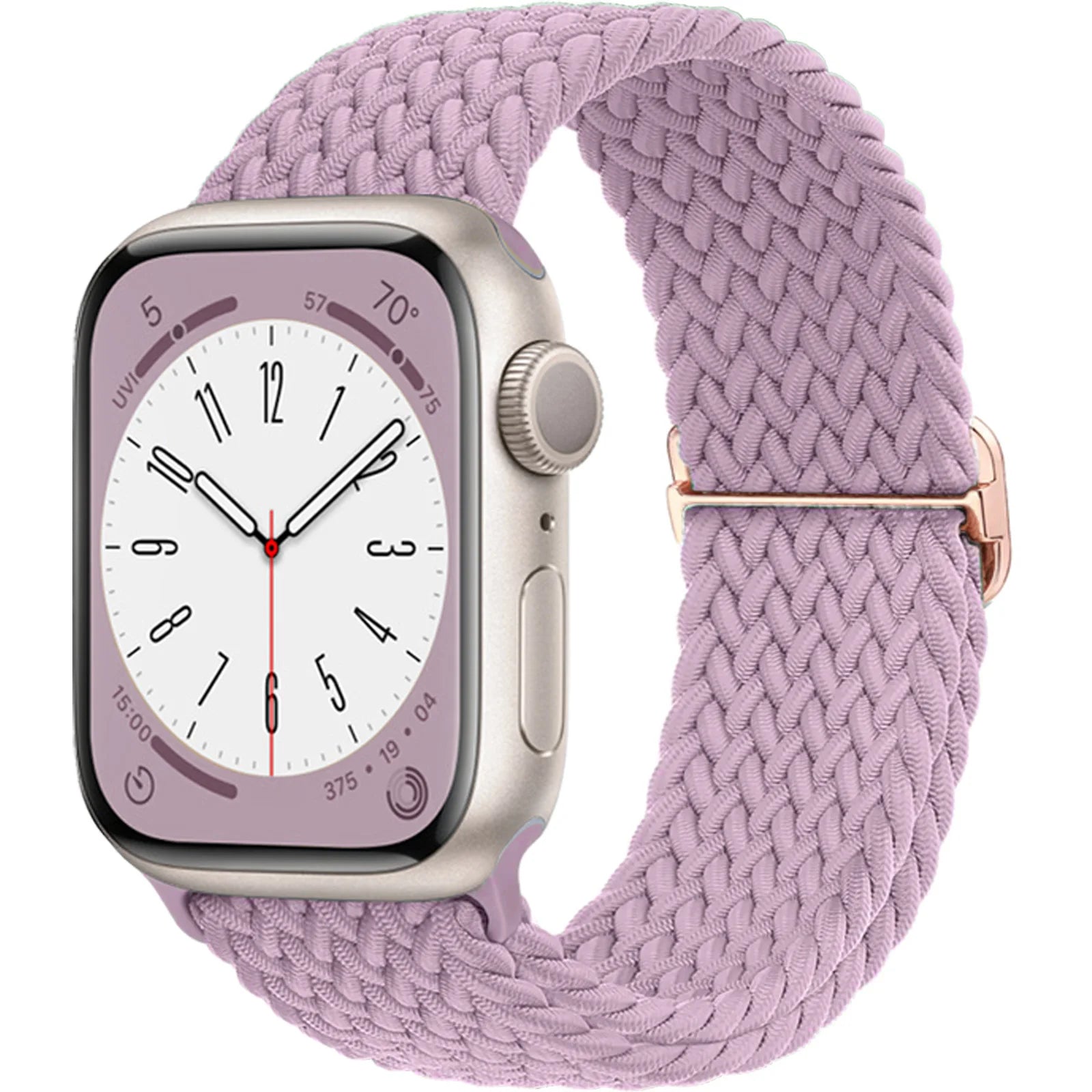 Apple Watch with a lavender braided strap made from soft elastic nylon, perfect for style and comfort.